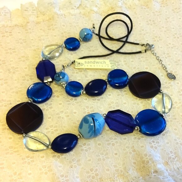 Vintage NEW sandwich jewellery Blue Brown Black Beads VTG Art Deco Necklace - Picture 3 of 8